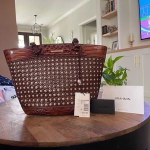 Retired Brahmin Medium Bowie Pecan Lima Wicker Look Tote Bag